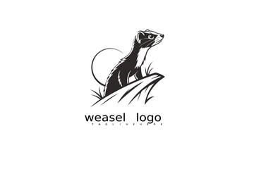Obraz premium Black and white logo illustration of elegant weasel with moon and grass for eco branding, rustic product identity, wildlife-themed designs, and outdoor nature-based business logos.