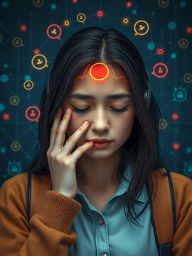 Student stress overstudy fatigue. Trauma psychology mental health concept.  technology.