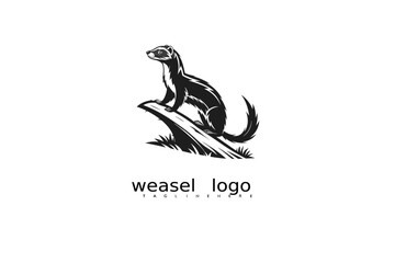 Fototapeta premium Vintage-style weasel logo with moon and grass detail in monochrome for eco product branding, rustic nature business identity, outdoor label illustrations, and elegant wildlife-themed logos.