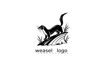 Fototapeta premium Vector illustration of elegant weasel logo in monochrome with nature details like grass and moon for use in rustic outdoor branding, eco identity design, or forest wildlife-themed business logos.