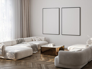 Frame mockup, ISO A paper size. Living room wall poster mockup. Interior mockup with house background. Modern interior design. 3D render
