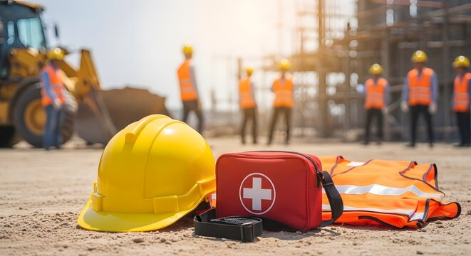 Construction Site Safety First Aid Kit Hard Hat and Safety Vest on Ground near Workers