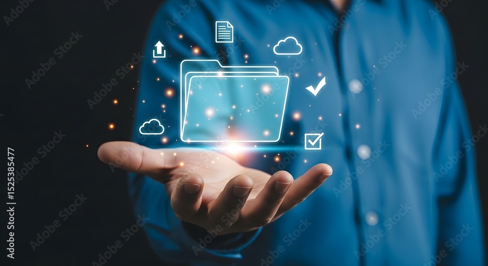Aufkleber a businessman presents a glowing digital folder symbolizing secure cloud storage data management and