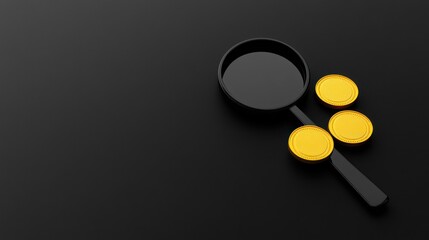 Black magnifying glass over three gold coins on dark background