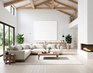 Fototapeta premium Bright living room with vaulted ceiling modern fireplace and large blank canvas