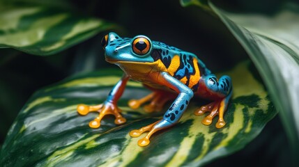 Fototapeta premium Vibrant Rainforest Frog on Lush Green Leaf
