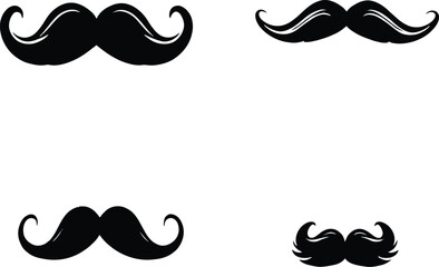 Classic Mustache Styles & Grooming Icon Set Featuring Four Distinct Black Mustache Designs with Varying Shapes and Thicknesses—A Curled Handlebar, A Thick Wavy Style, A Subtly Curved Style, 