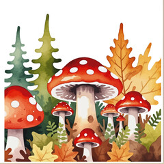 Watercolor Mushroom Art- Whimsical Forest Illustration with Toadstools and Autumn Leaves- Perfect for Nature Lovers and Fall Decor-Detailed Mushroom Painting