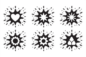 Creative Ink Splashes with Icon Shapes – Decorative Star, Gear, and Drop Symbols in Grungy Black Graphic Design