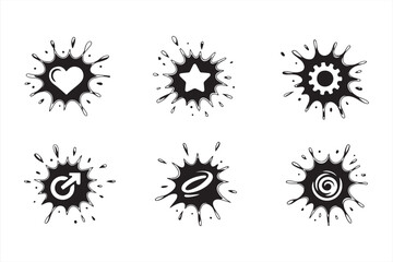 Vector Ink Explosion Set Featuring Abstract Icons &ndash; Heart, Gear, Star, Arrow and Spiral Shapes in Black Style