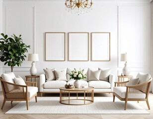 Bright living room with white sofa armchairs and three blank frames
