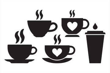 Modern coffee icon bundle with mugs, cups, steam, and heart elements for café branding, UI design, and warm drink vector illustrations