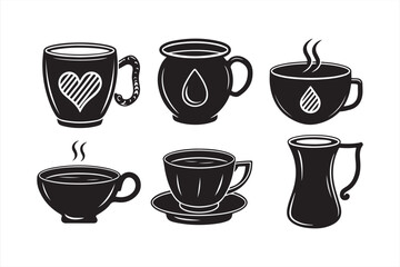 Hand-sketched vintage coffee mugs with heart and drop details for rustic café decor, chalkboard menus, and artisan beverage branding