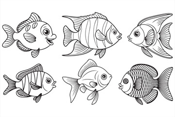 Playful cartoon fish outline collection with stripes, fins, and bubbles—perfect for aquatic coloring pages, kids’ books, or fun underwater-themed artwork