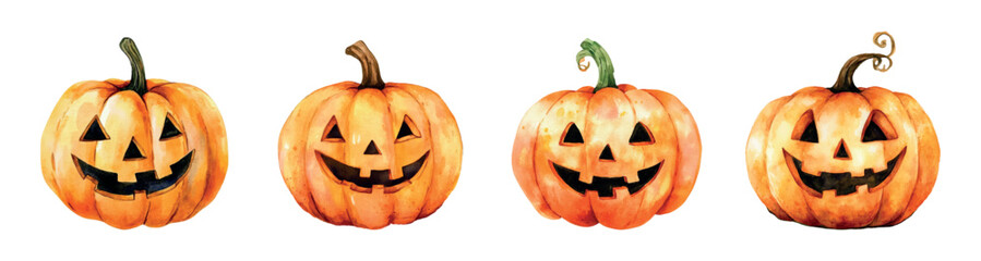 Watercolor set of Halloween pumpkins png. Orange pumpkins with carved evil eyes in cartoon style. Watercolor elements for Halloween. Vector illustration.