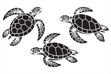 Elegant sea turtle silhouettes in various natural poses with detailed flippers and shells for wildlife, ocean life, and nature-themed design projects © MD.sahadat