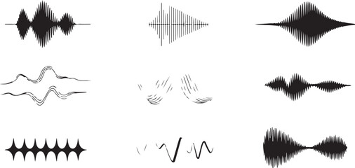 Fototapeta premium Techno-aesthetic waveform icons featuring rhythmic audio flows, oscillations, and frequency diagrams for modern UI and media design