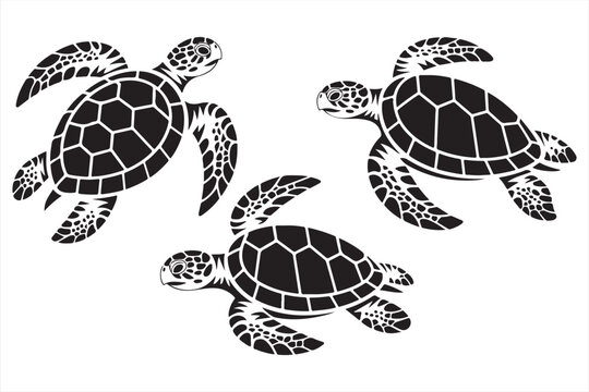 Elegant sea turtle silhouettes in various natural poses with detailed flippers and shells for wildlife, ocean life, and nature-themed design projects