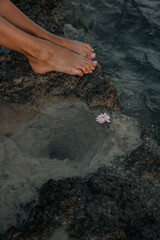 Delicate coastal details with a single flower, female feet by the sea, and a bouquet held at sunset. Peaceful, romantic seaside moments in soft natural light.