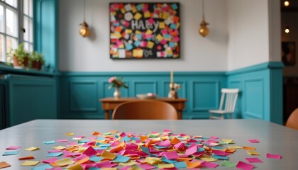 Colorful Confetti and Sticky Notes in a Bright Room Setting