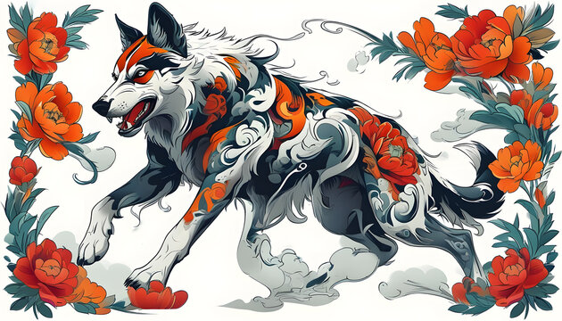 Wolf with Peony Flowers Tattoo
