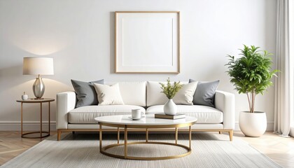 Bright living room with white sofa round coffee table and blank picture frame