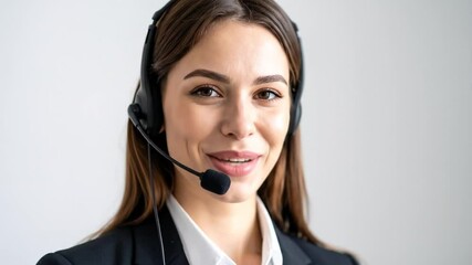 Friendly female agent with headset in the workplace offering professional assistance