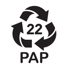 paper recycling code PAP 22, newspaper, books, magazines, wrapping paper, wallpaper, paper bags, paper straws symbol, ecology recycling sign, identification code, package waste black fill icon.