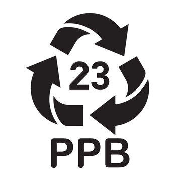 paper recycling code PPB 23, paperboard, book covers, frozen food boxes, greeting cards symbol, ecology recycling sign, identification code, package waste black fill icon