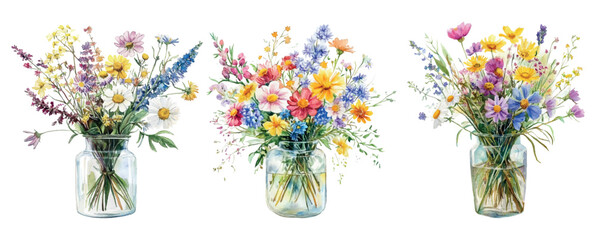 Watercolor set of bouquets of wildflowers in vases. Bouquet of wildflowers from cornflowers, chamomiles, lavender and other meadow flowers in a vase. Rural botany concept.