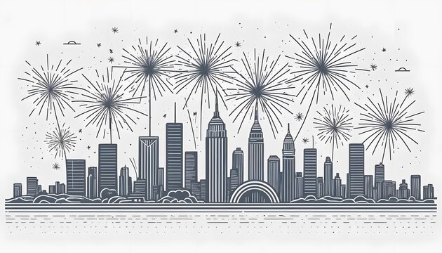 New York City Skyline Celebrates with Fireworks Display Illustration