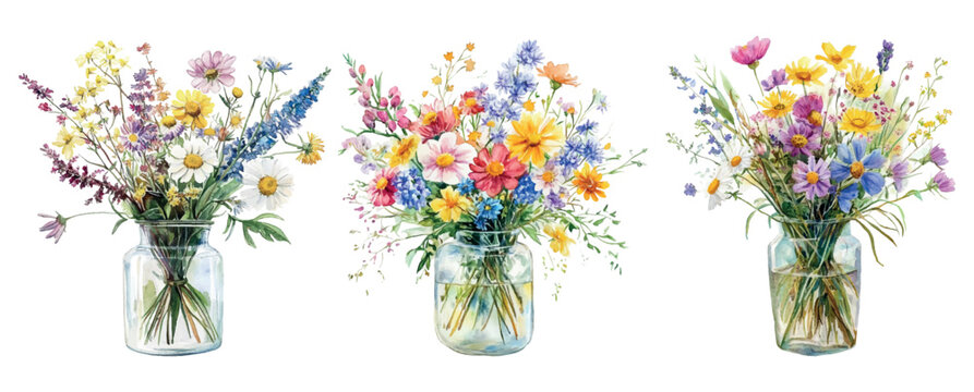 Watercolor set of bouquets of wildflowers in vases. Bouquet of wildflowers from cornflowers, chamomiles, lavender and other meadow flowers in a vase. Rural botany concept.