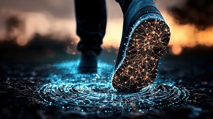 anti tracking on technology concept. A futuristic footstep creating a glowing digital pattern on the ground.