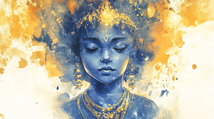 Hindu Goddess Divine Feminine Spiritual Art Portrait Blue Gold Hues Watercolor Effect Peaceful Serene Meditative Deity Golden Crown Jewelry Ornament Divine Energy Hinduism Spirituality Mystical
