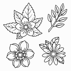 Fototapeta premium Simple black and white floral and leaf outlines for coloring or design purposes.
