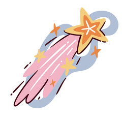 Bright orange shooting star with yellow glow and long pink trail, surrounded by sparkles. Cute cartoon doodle style. Outline vector illustration for girly design, stickers, or digital art.