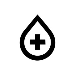 Obraz premium Minimalist blood drop icon with medical cross symbol in black outline.