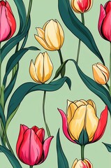 Tulips on green background cartoonish seamless pattern