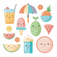 Cute summer fruit and drink kawaii icons