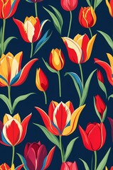 Tulips on blue background cartoonish seamless pattern