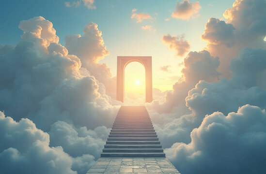 staircase and gate in heaven in the clouds, symbol of paradise