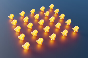 Close-up of glowing bells on blue background. 3d rendering illustration