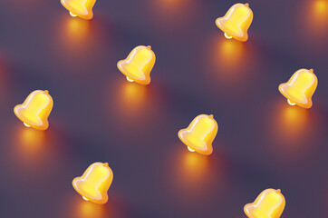 Close-up of glowing bells on blue background. 3d rendering illustration