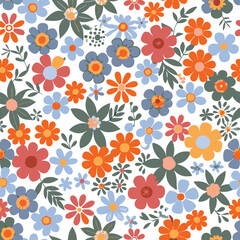 Whimsical floral pattern with decorative flowers in vibrant colors for design elements
