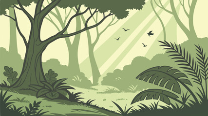 Lush Forest Scene Vector Illustration with Green Trees