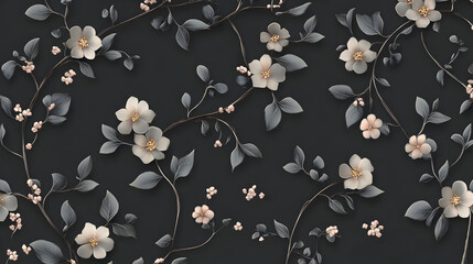 Seamless charcoal small floral elements wallpaper design featuring delicate flowers, leaves, and vines, vines, botanical