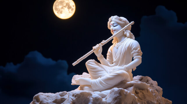 Lord Krishna playing bansuri flute white marble statue full moon night hindu god spirituality religion India mythology divine music peace serenity love devotion worship idol deity art culture