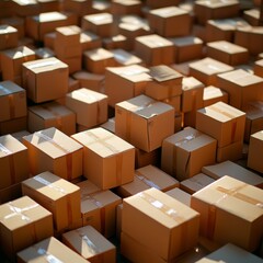 Fototapeta premium A Sea of Sealed Cardboard Boxes Awaiting Shipment, Neatly Stacked and Bathed in Warm Sunlight, Symbolizing Logistics and Commerce.