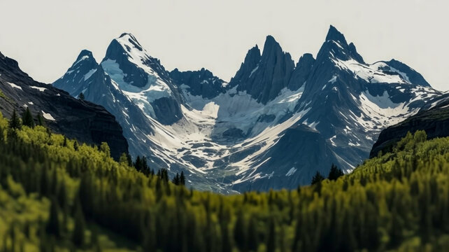 A panoramic landscape photograph of snow-capped mountain peaks against a white sky.
