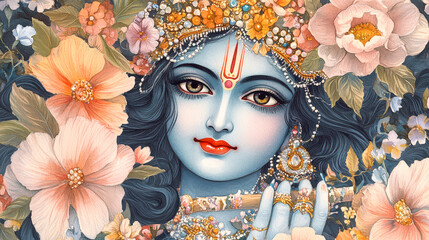 Hindu God Shri Krishna with Flute Surrounded by Flowers Divine Portrait Indian Mythology Spiritual Art Colorful Illustration Religious Artwork Wallpaper Mural Design Traditional Painting Cultural